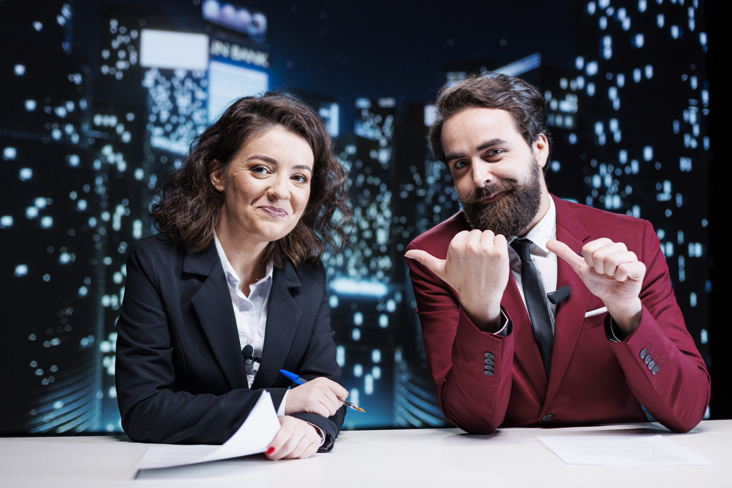 Reporters team presenting daily news and events, addressing latest problems on live midnight talk show. Two media journalists reading headlines in newsroom, work on entertainment segment.